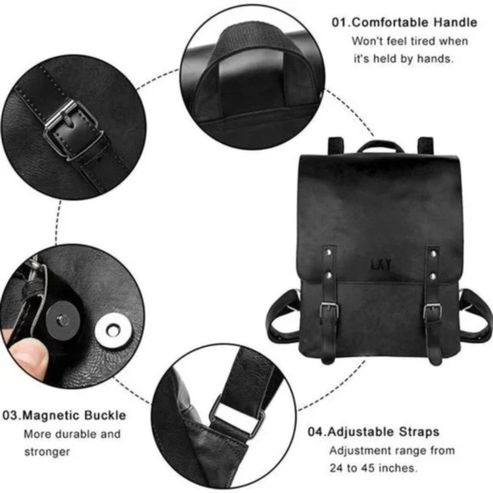 New Vegan Leather Backpack Vintage, Black - Picture 4 of 7